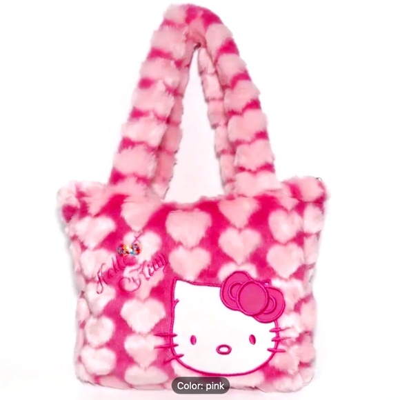 New in bag! Hello Kitty Fuzzy Pink Fur Plush Purse Bag Tote - Picture 4 of 5